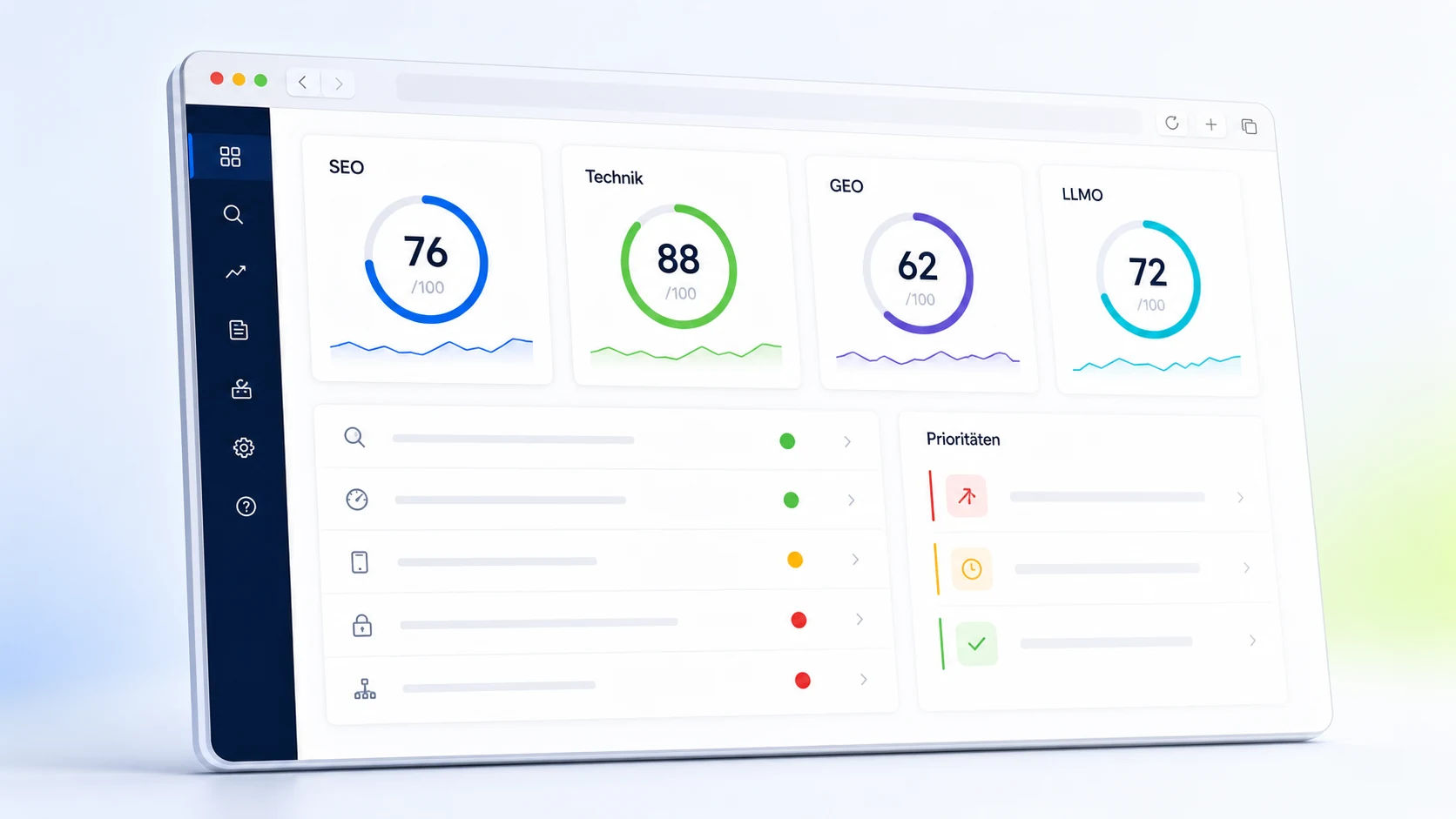Example x25go.ch audit result with SEO, technical, GEO and LLMO scores and prioritised findings.